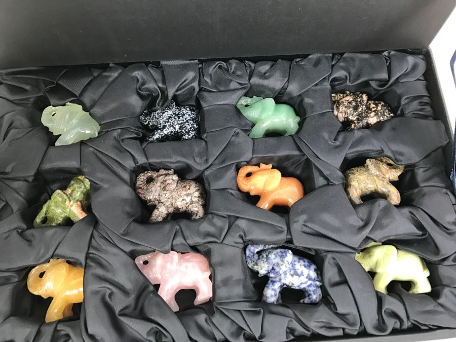Display Box Filled With 12 Carved Elephants Made From Various Stones Including New Jade, Butter Jade, Brazilian Sodalite And More [Photo 4]