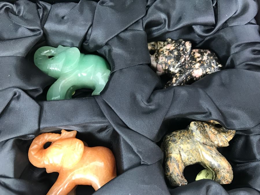 Display Box Filled With 12 Carved Elephants Made From Various Stones Including New Jade, Butter Jade, Brazilian Sodalite And More [Photo 6]