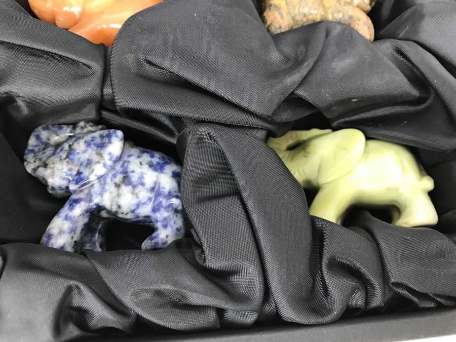 Display Box Filled With 12 Carved Elephants Made From Various Stones Including New Jade, Butter Jade, Brazilian Sodalite And More [Photo 7]