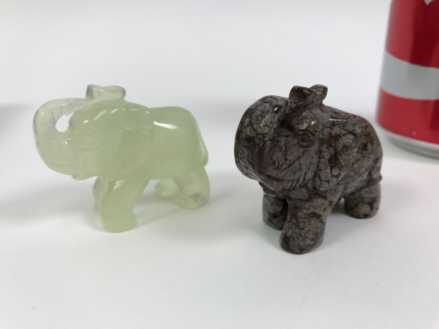 Display Box Filled With 12 Carved Elephants Made From Various Stones Including New Jade, Butter Jade, Brazilian Sodalite And More [Photo 2]