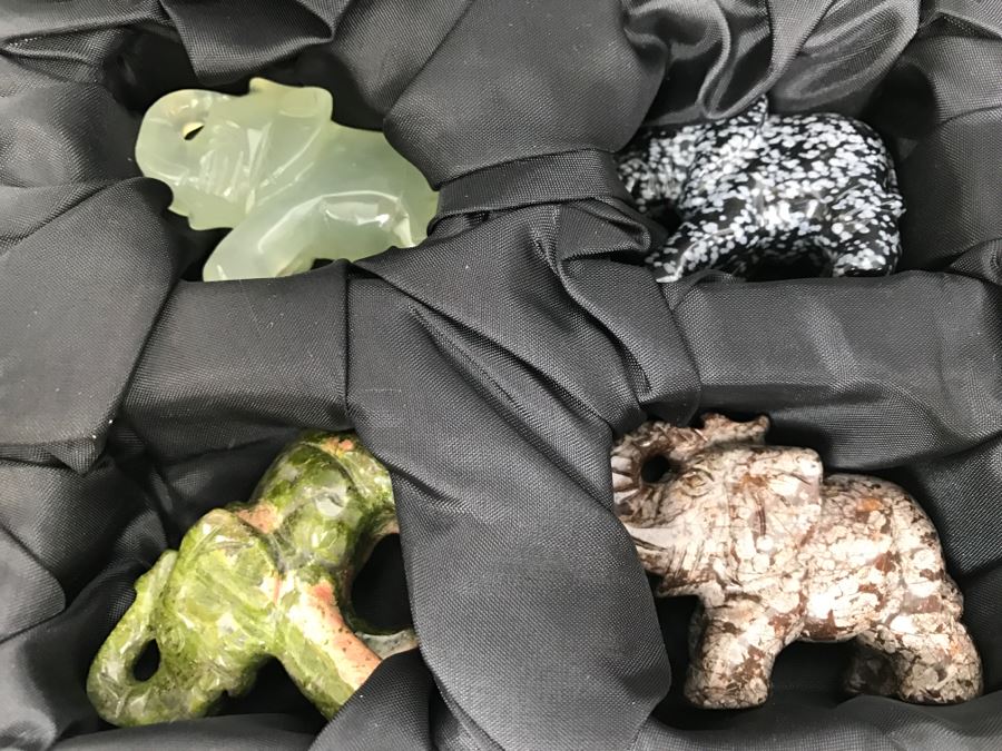 Display Box Filled With 12 Carved Elephants Made From Various Stones Including New Jade, Butter Jade, Brazilian Sodalite And More [Photo 5]