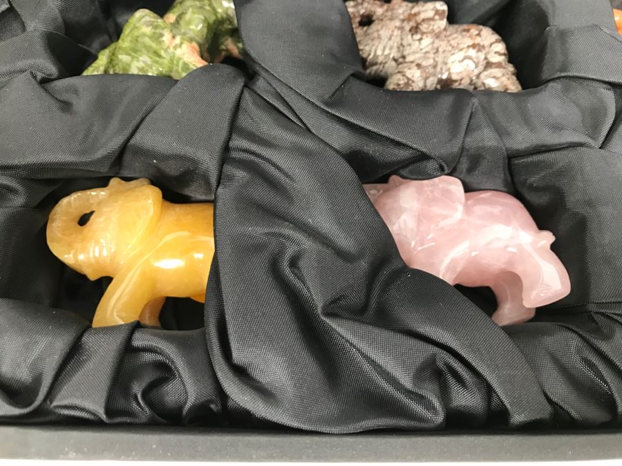 Display Box Filled With 12 Carved Elephants Made From Various Stones Including New Jade, Butter Jade, Brazilian Sodalite And More [Photo 8]