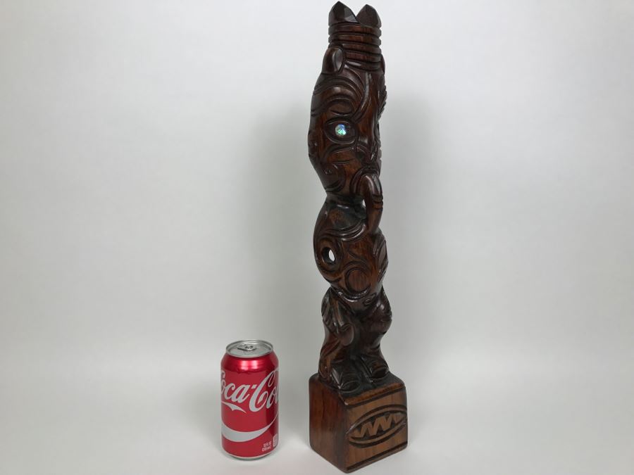 Polynesian Carved Wood Statue With Mother Of Pearl Eyes