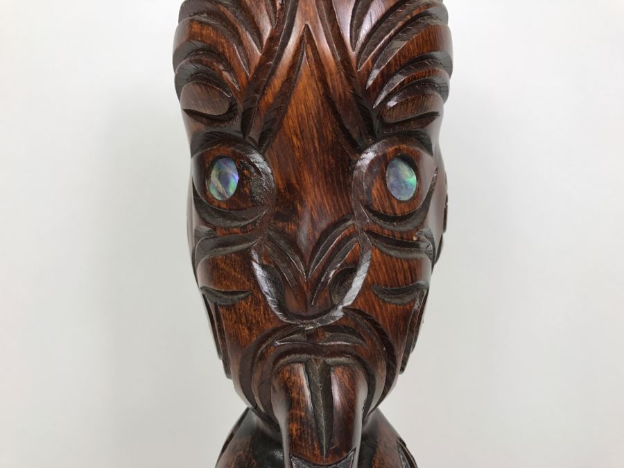 Polynesian Carved Wood Statue With Mother Of Pearl Eyes