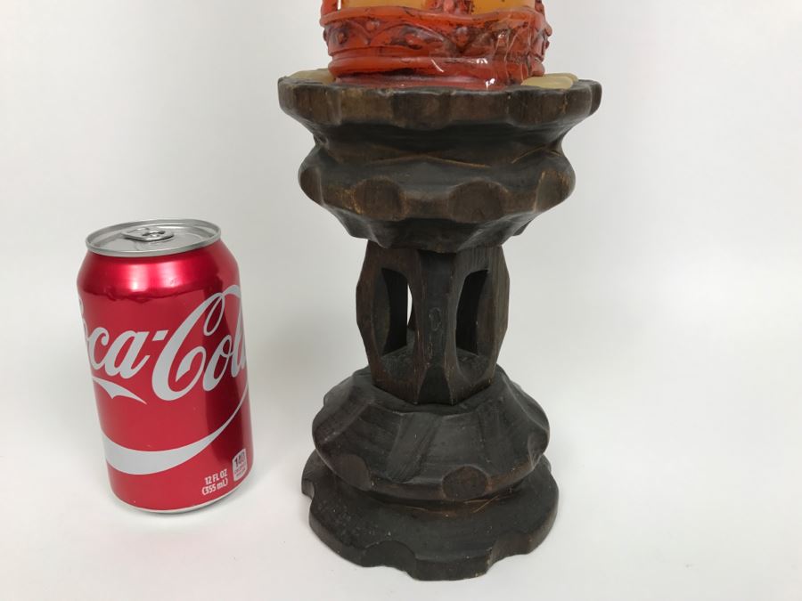 Vintage Carved Wood Candle Holder And Candle