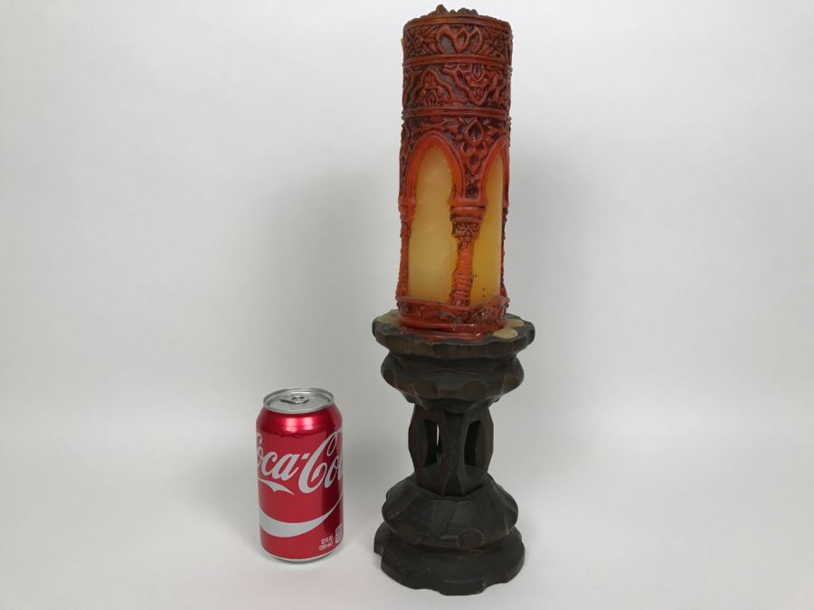 Vintage Carved Wood Candle Holder And Candle