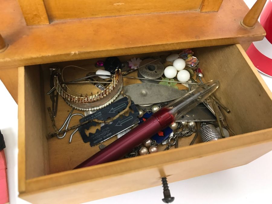 Vintage Wooden Sewing Box With Pincushions And Various Supplies Including Cub Scouts Patches [Photo 9]