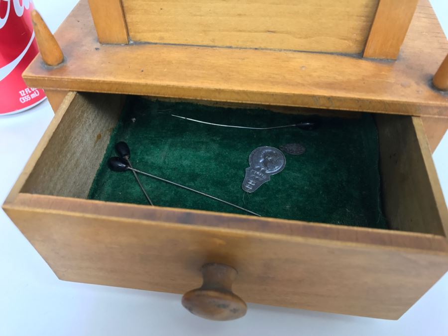 Vintage Wooden Sewing Box With Pincushions And Various Supplies Including Cub Scouts Patches [Photo 12]