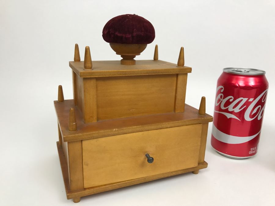 Vintage Wooden Sewing Box With Pincushions And Various Supplies Including Cub Scouts Patches [Photo 3]