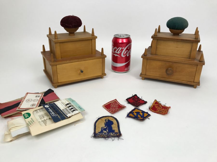 Vintage Wooden Sewing Box With Pincushions And Various Supplies Including Cub Scouts Patches