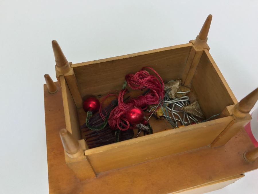 Vintage Wooden Sewing Box With Pincushions And Various Supplies Including Cub Scouts Patches [Photo 10]
