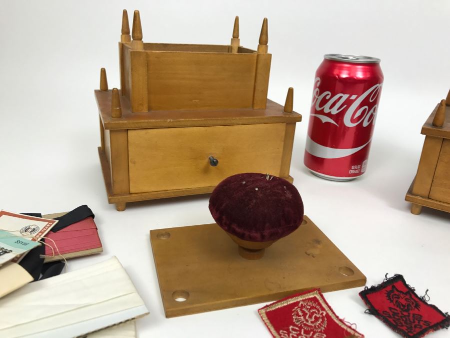 Vintage Wooden Sewing Box With Pincushions And Various Supplies Including Cub Scouts Patches [Photo 11]