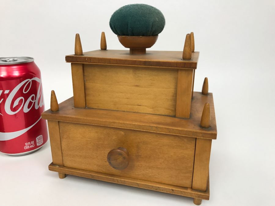 Vintage Wooden Sewing Box With Pincushions And Various Supplies Including Cub Scouts Patches [Photo 2]