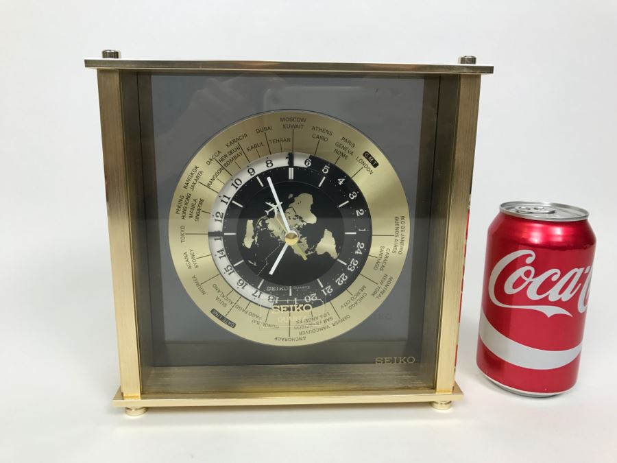 SEIKO Brass World Clock With Airplane On Hand Of Clock