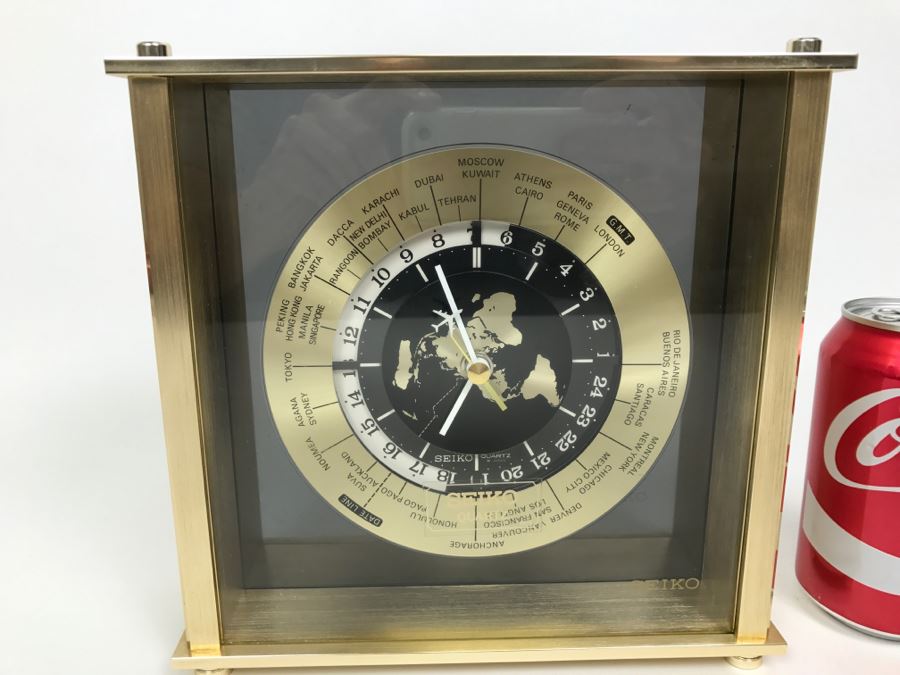 SEIKO Brass World Clock With Airplane On Hand Of Clock