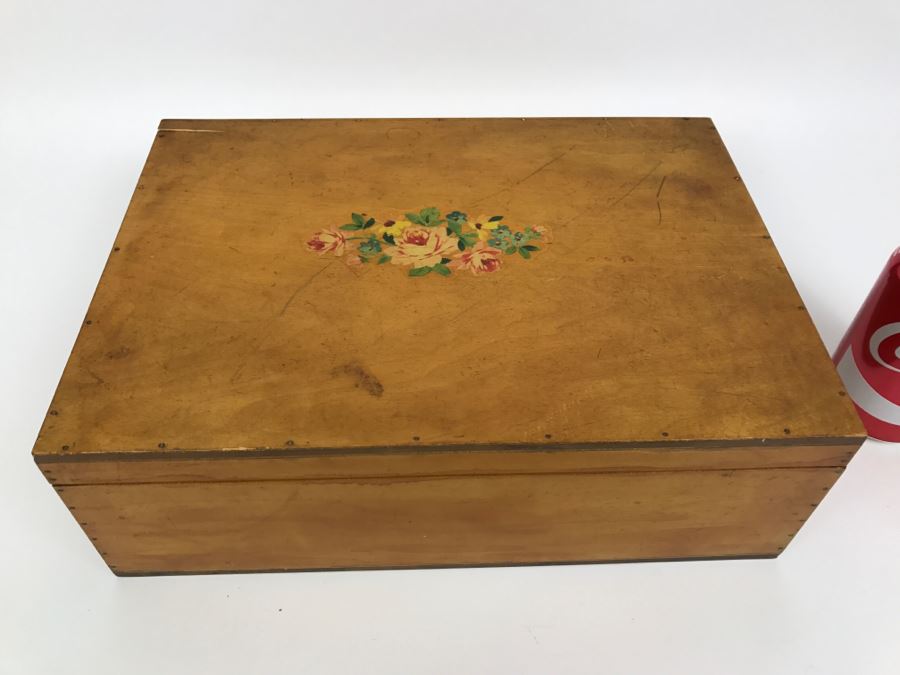 Vintage Wooden Box Filled With Vintage Scarves And Handkerchiefs