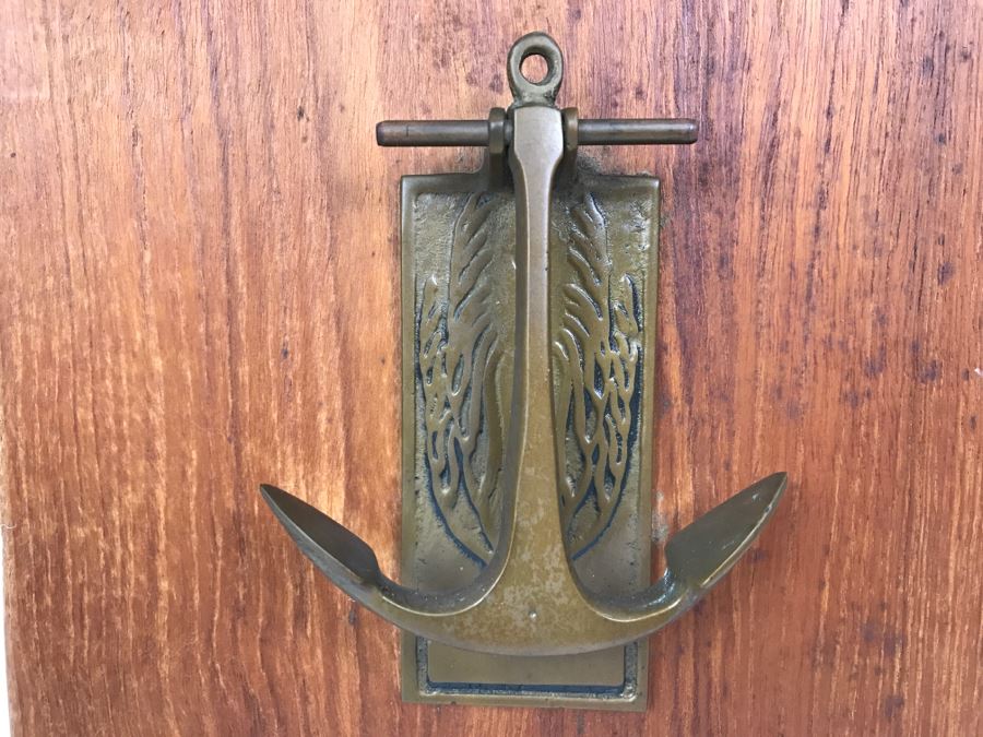 Vintage Brass Nautical Anchor Motif Door Knocker Mounted On Wooden Board [Photo 2]