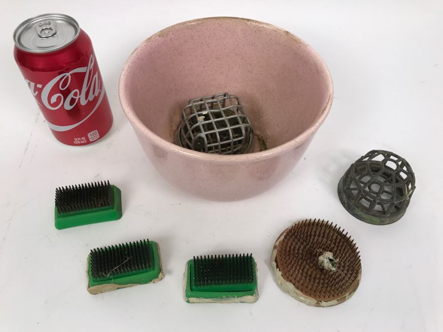 Flower Arragement Lot With Frogs And Pink BAUER Pot [Photo 8]