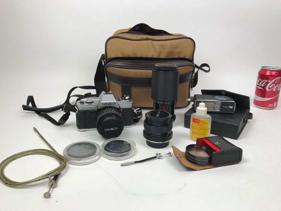 Vintage Camera Lot With Camera Bag, MINOLTA X-370, Camera Lenses, Flash And Accessories
