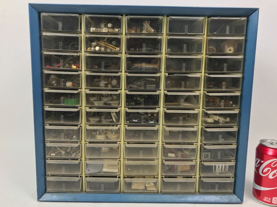 Large Metal Cabinet With Plastic Bins Loaded With Electronic Components - See All Photos