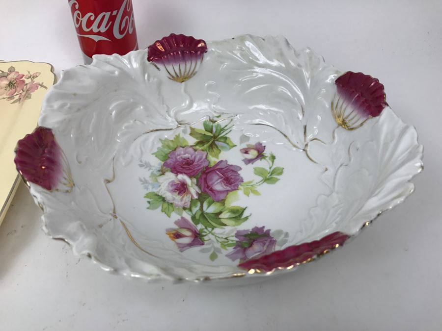 Vintage Serving Tray And Hand Painted Rose Bowl With Gold Detailing [Photo 3]