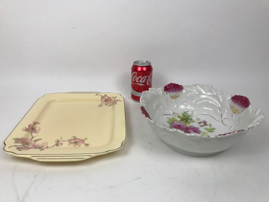 Vintage Serving Tray And Hand Painted Rose Bowl With Gold Detailing