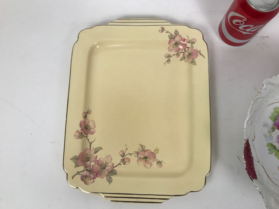 Vintage Serving Tray And Hand Painted Rose Bowl With Gold Detailing [Photo 9]