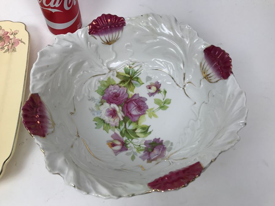 Vintage Serving Tray And Hand Painted Rose Bowl With Gold Detailing [Photo 4]