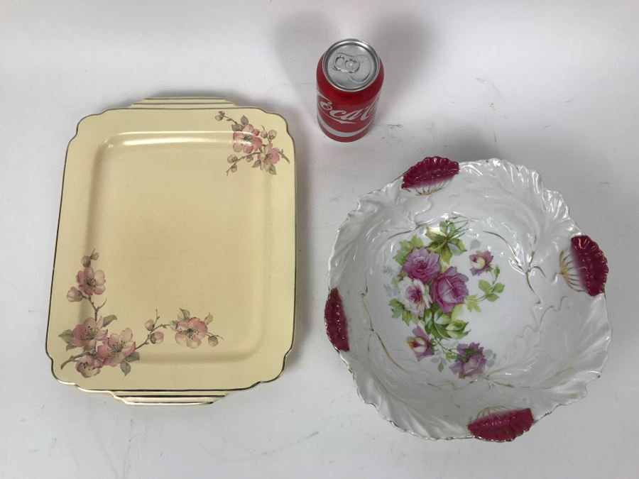 Vintage Serving Tray And Hand Painted Rose Bowl With Gold Detailing [Photo 8]