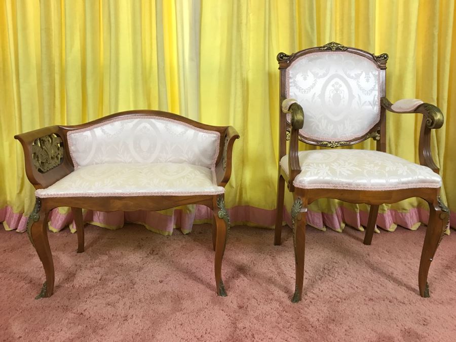 Stunning Italian Designer Wooden Bench And Armchair With Gilt Wood Carvings And Bronze Mounts [Photo 2]