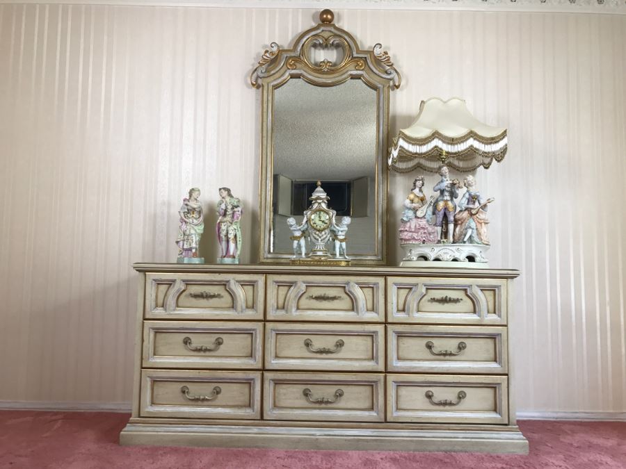 Vintage 1969 Campanile By Drexel Furniture Chest Of Drawers Dresser White With Gilt Wood Accents And Stunning Mirror