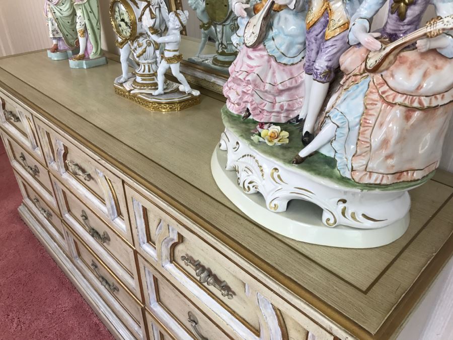 Vintage 1969 Campanile By Drexel Furniture Chest Of Drawers Dresser White With Gilt Wood Accents And Stunning Mirror [Photo 6]