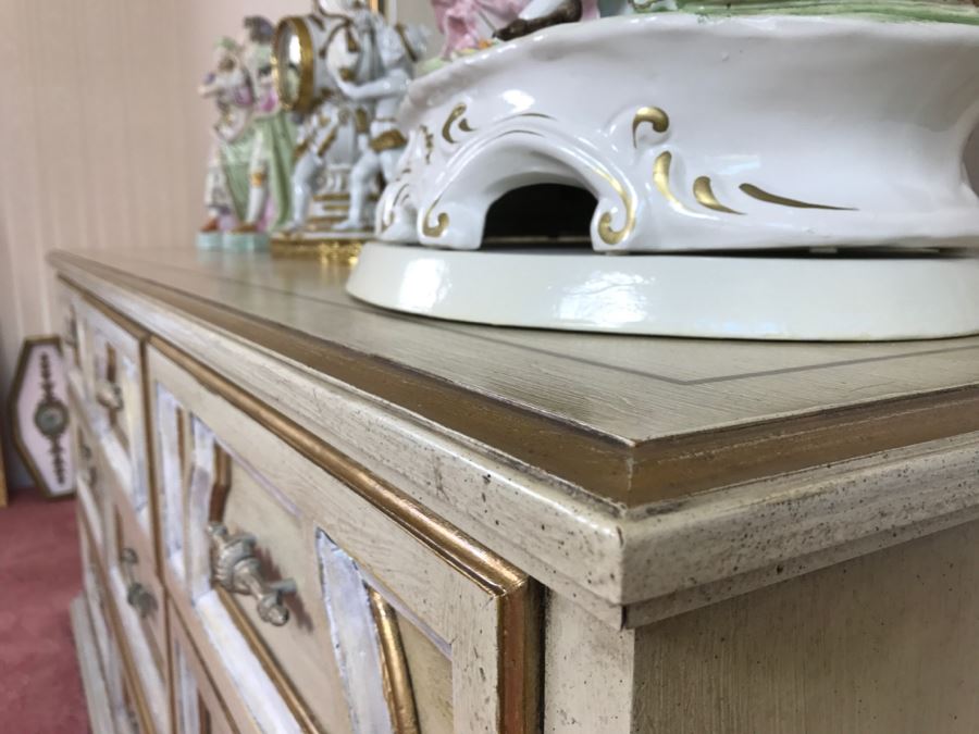 Vintage 1969 Campanile By Drexel Furniture Chest Of Drawers Dresser White With Gilt Wood Accents And Stunning Mirror [Photo 13]