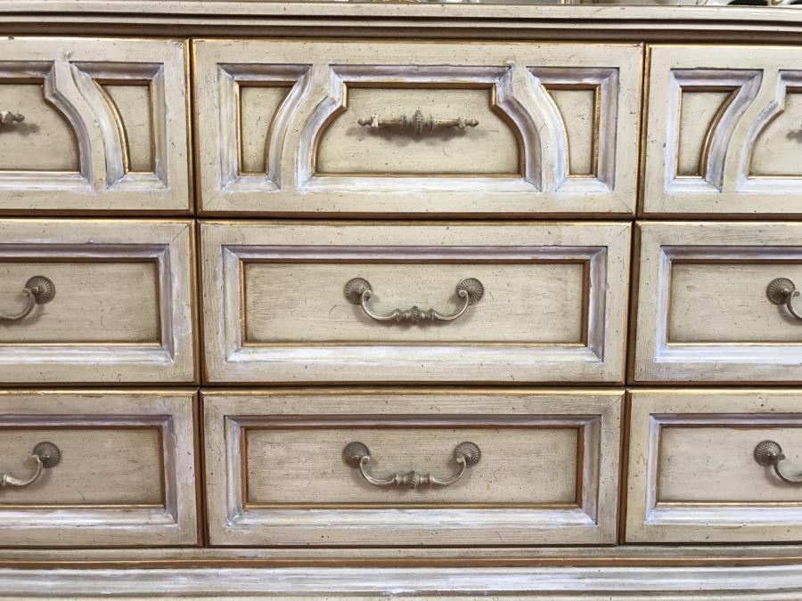 Vintage 1969 Campanile By Drexel Furniture Chest Of Drawers Dresser White With Gilt Wood Accents And Stunning Mirror [Photo 11]