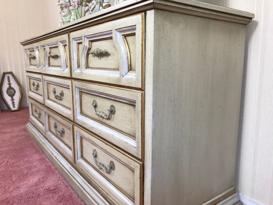 Vintage 1969 Campanile By Drexel Furniture Chest Of Drawers Dresser White With Gilt Wood Accents And Stunning Mirror [Photo 12]