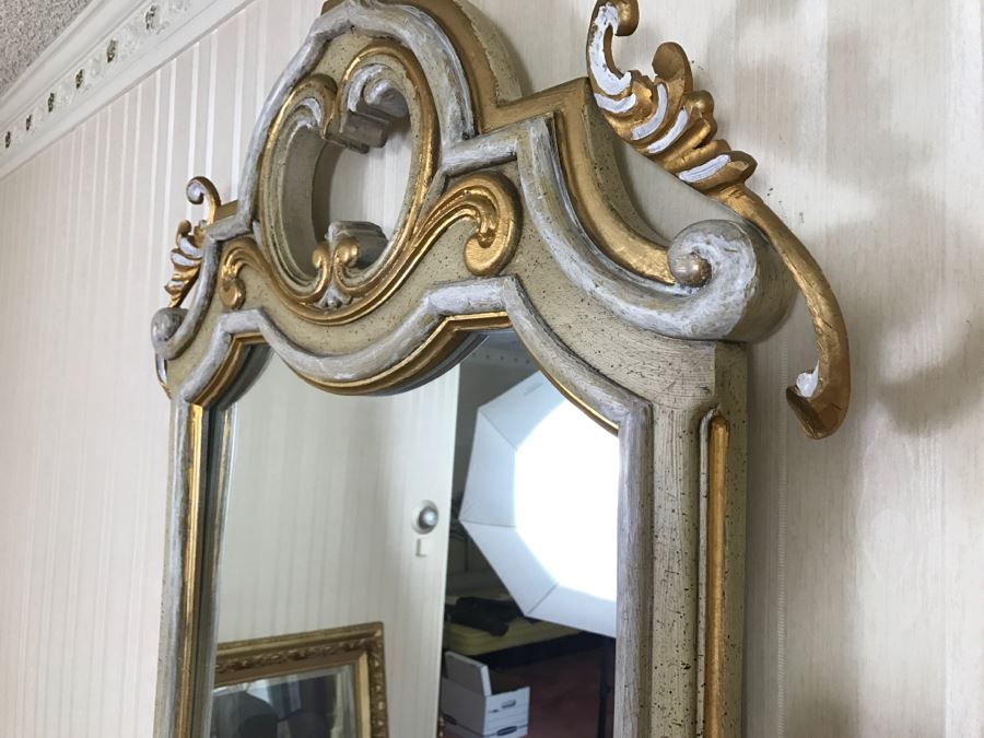 Vintage 1969 Campanile By Drexel Furniture Chest Of Drawers Dresser White With Gilt Wood Accents And Stunning Mirror [Photo 4]