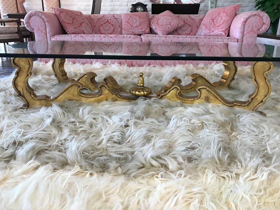 Gilt Carved Wood Coffee Table With Glass Top