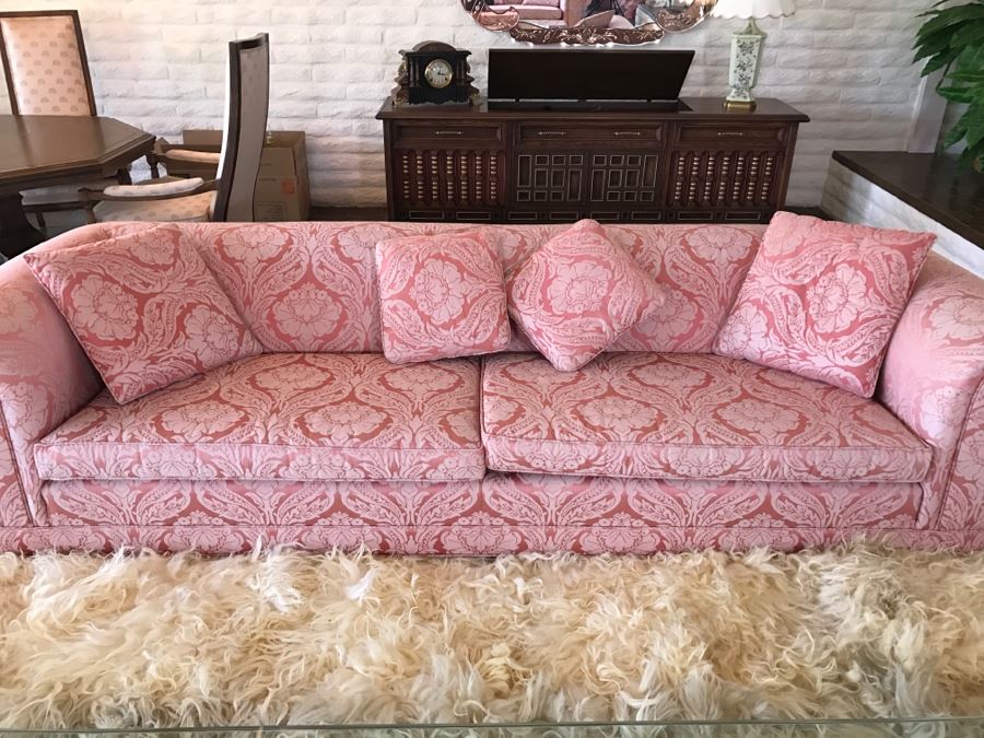 Pink Designer Sofa With Matching Throw Pillows [Photo 1]