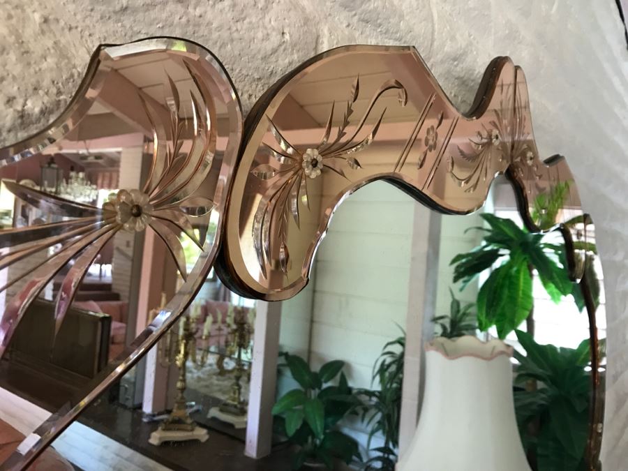 Stunning Vintage Designer Venetian Etched Glass Mirror Light Pink [Photo 9]