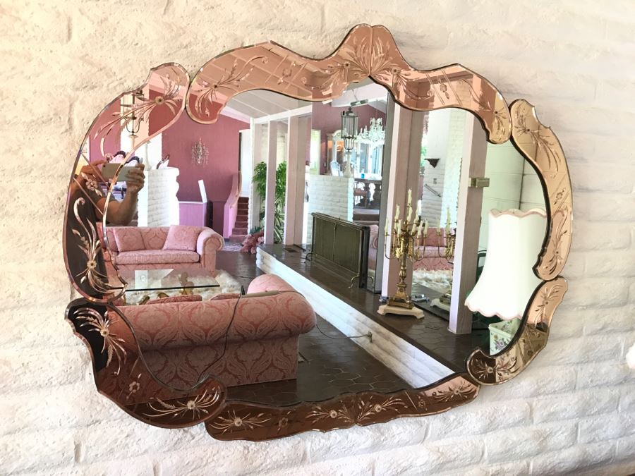Stunning Vintage Designer Venetian Etched Glass Mirror Light Pink [Photo 4]