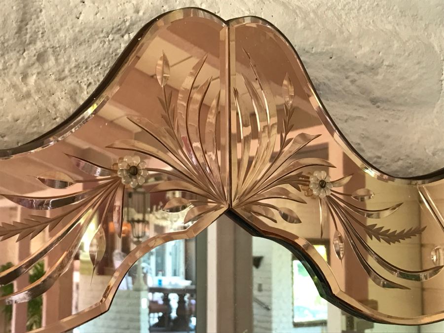 Stunning Vintage Designer Venetian Etched Glass Mirror Light Pink [Photo 8]