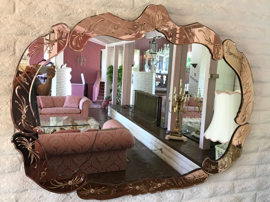 Stunning Vintage Designer Venetian Etched Glass Mirror Light Pink [Photo 3]