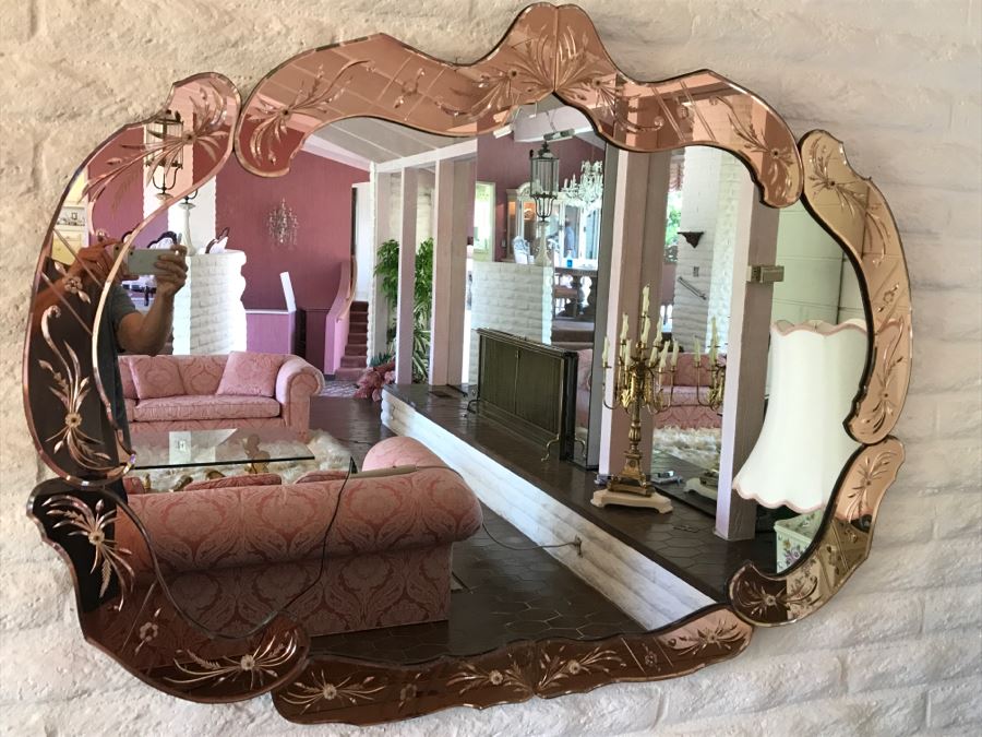 Stunning Vintage Designer Venetian Etched Glass Mirror Light Pink [Photo 1]