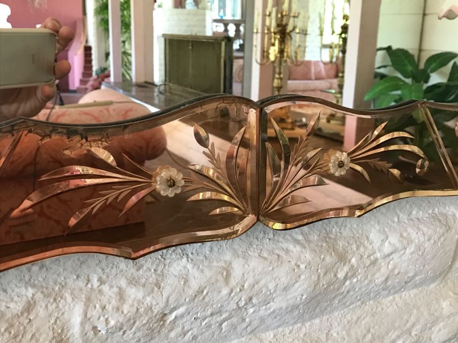 Stunning Vintage Designer Venetian Etched Glass Mirror Light Pink [Photo 6]