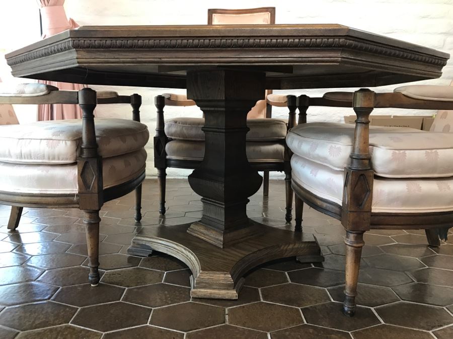 Vintage Pedestal Gaming Table With Four High Back Armchairs By Salem House [Photo 11]