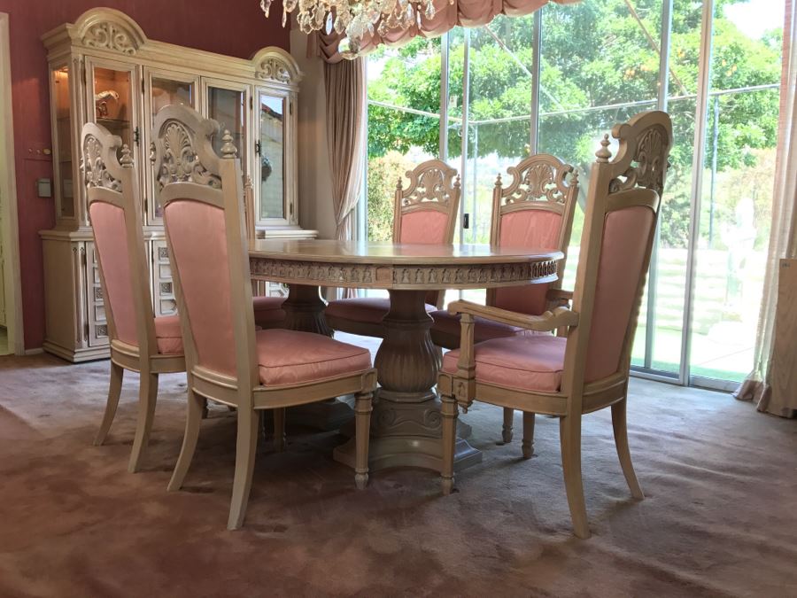 Stunning Double Pedestal Dining Table With Six Heavy Solid Chairs And Two Leaves [Photo 4]