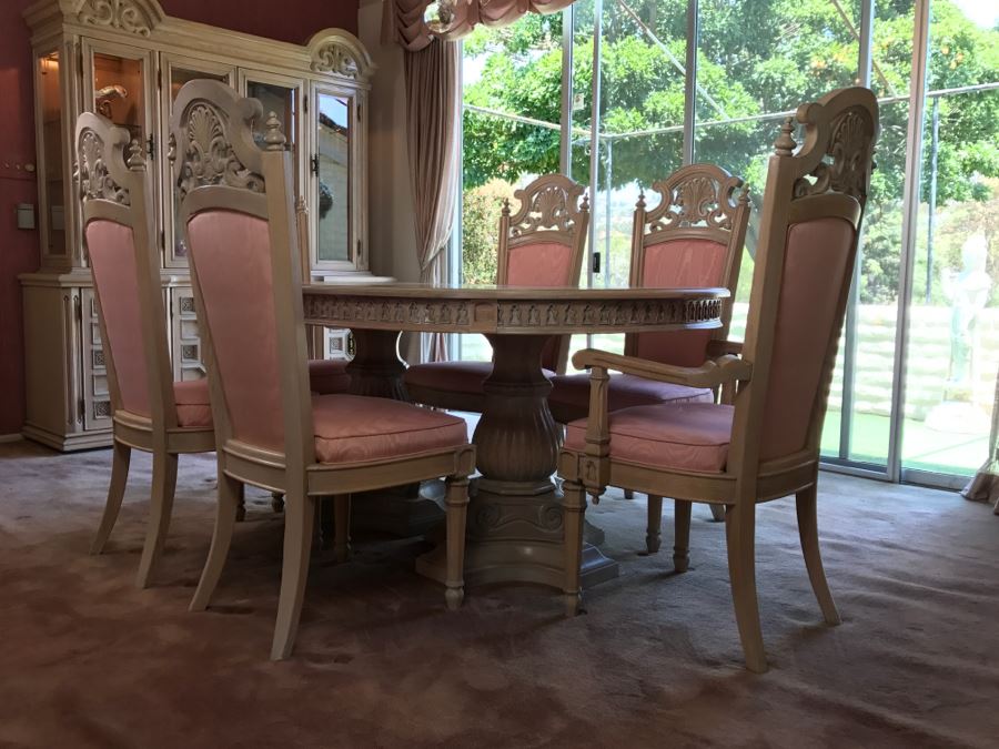Stunning Double Pedestal Dining Table With Six Heavy Solid Chairs And Two Leaves [Photo 7]