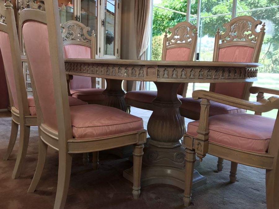 Stunning Double Pedestal Dining Table With Six Heavy Solid Chairs And Two Leaves [Photo 8]