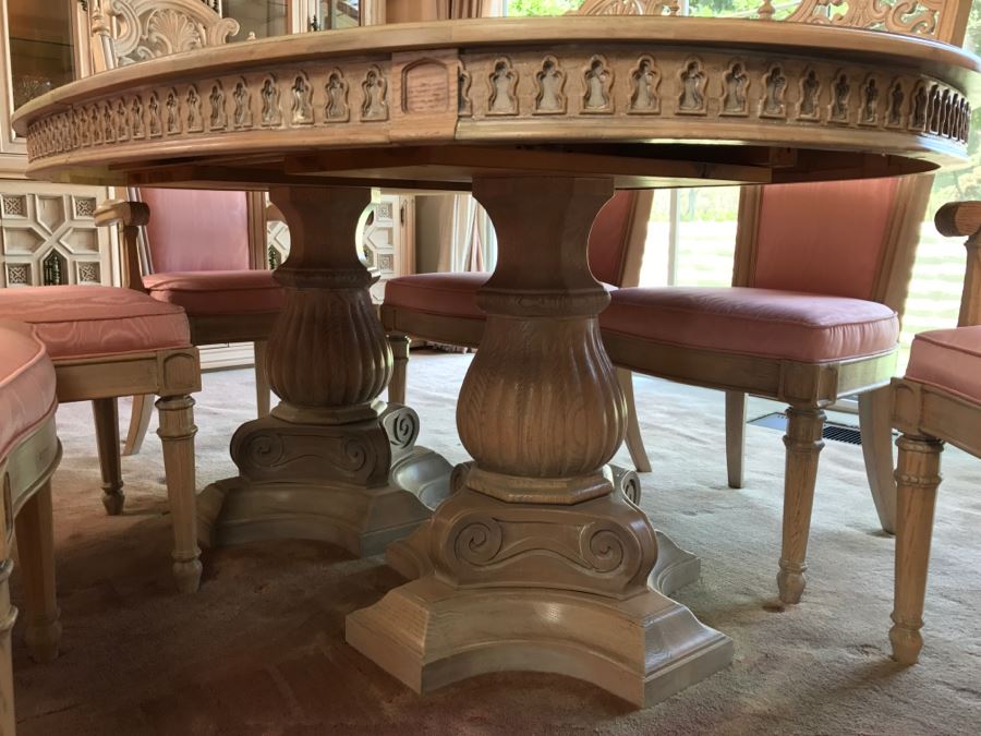 Stunning Double Pedestal Dining Table With Six Heavy Solid Chairs And Two Leaves [Photo 9]