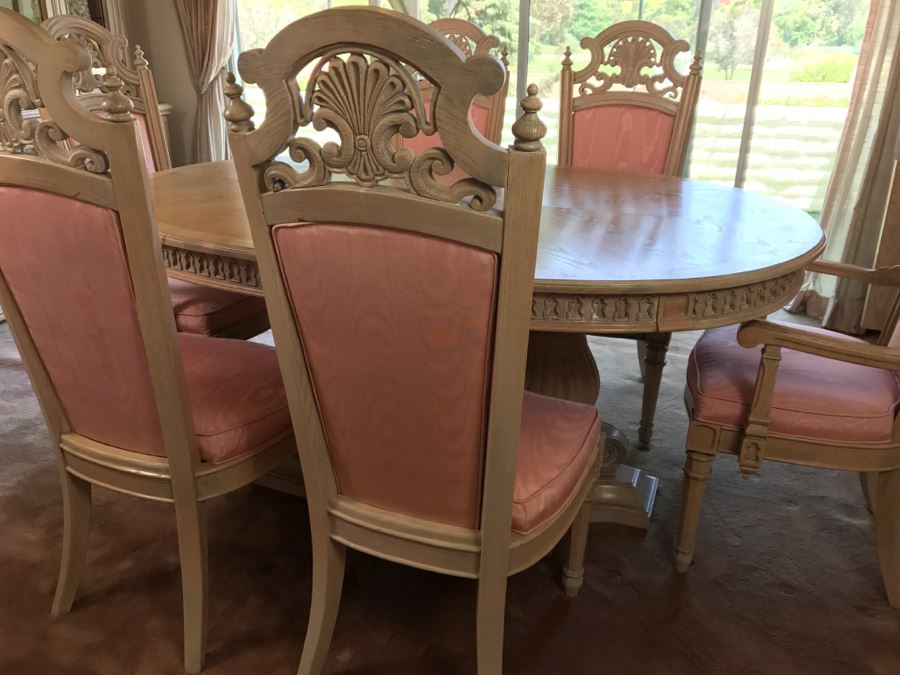 Stunning Double Pedestal Dining Table With Six Heavy Solid Chairs And Two Leaves [Photo 6]